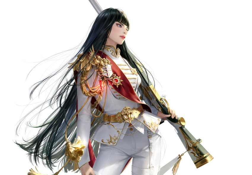 1girl absurdres aiguillette bangs belt black_hair blue_eyes blunt_bangs closed_mouth cowboy_shot epaulettes highres holding holding_weapon lizchiefffff long_hair long_sleeves looking_to_the_side military military_uniform nose original pants simple_background solo standing straight_hair uniform very_long_hair weapon weapon_request white_background white_pants
