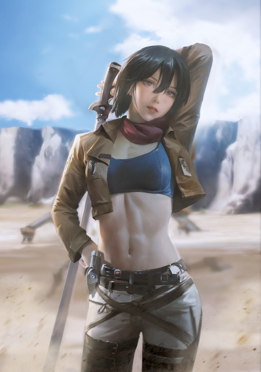 1girl absurdres arm_behind_head bangs belt black_bra black_hair blurry blurry_background boots bra breasts brown_eyes brown_jacket butter_squid cliff clouds cloudy_sky commentary cowboy_shot cropped_jacket english_commentary hair_between_eyes hand_on_hip head_tilt highres holding holding_sword holding_weapon jacket lips medium_breasts midriff mikasa_ackerman navel no_shirt open_clothes open_jacket pants red_lips red_neckwear red_scarf scarf shingeki_no_kyojin short_hair sky solo standing sword thigh-highs thigh_boots underwear weapon weapon_on_back white_pants