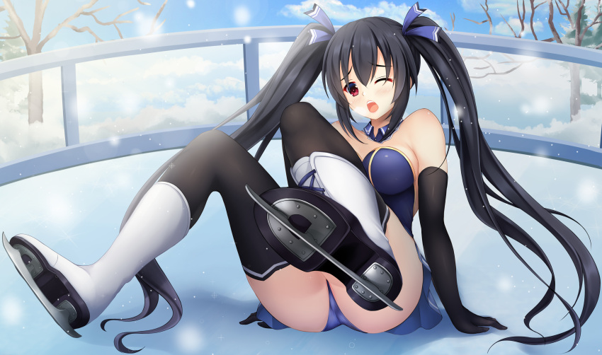 1girl absurdres alternate_costume black_hair breath choujigen_game_neptune clouds commission commissioner_upload cross-laced_footwear elbow_gloves euforia gloves gold highres ice ice_skates ice_skating neptune_(series) noire_(neptune_series) one_eye_closed red_eyes skates skating snow snowing solo tree twintails