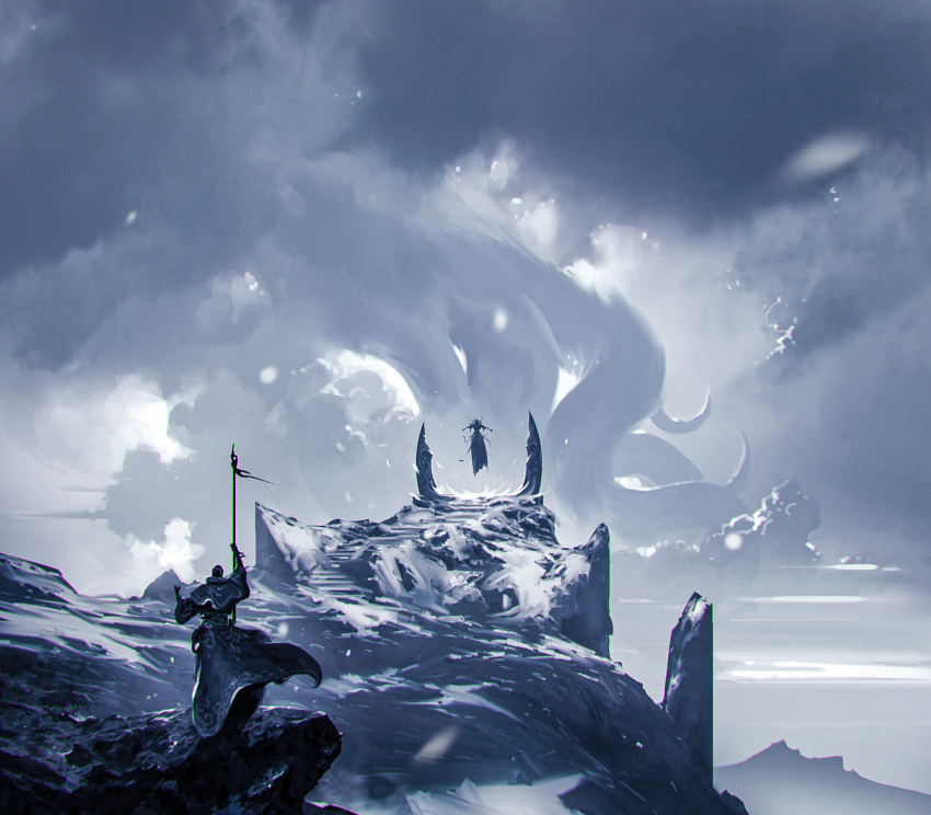 2others ambiguous_gender capelet clouds cloudy_sky commentary english_commentary floating from_behind giant giant_monster highres holding holding_staff kalmahul monster multiple_others original robe scenery sea_creature sky snow staff standing