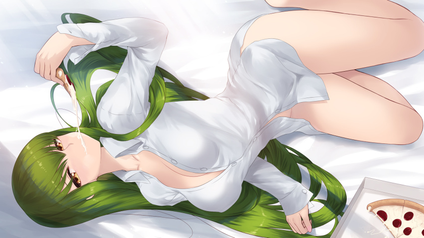 1girl bare_legs barefoot bed_sheet breasts c.c. cait_aron code_geass commentary dress_shirt eating food green_hair hair_spread_out highres large_breasts long_hair long_sleeves looking_at_viewer lying naked_shirt on_side partially_unbuttoned pizza pizza_box pizza_slice shirt solo white_shirt yellow_eyes