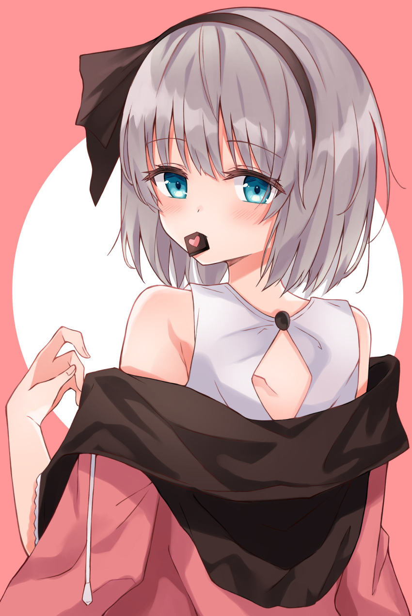 1girl absurdres bangs bare_shoulders black_hairband blue_eyes blush candy chocolate closed_mouth eating eyebrows_visible_through_hair food from_behind grey_hair hair_between_eyes hairband hand_up heart highres hood hoodie kofumi_(nxme5555) konpaku_youmu looking_at_viewer looking_back open_clothes open_hoodie pink_background pink_heart pink_hoodie shirt short_hair simple_background sleeveless sleeveless_shirt solo t-shirt touhou white_background white_shirt