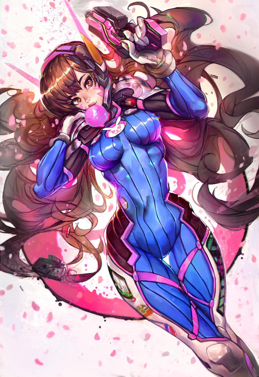 1girl absurdres andres_blanco animal_print bangs blue_bodysuit bodysuit breasts bubble_blowing bunny_print chewing_gum commentary d.va_(overwatch) english_commentary facepaint facial_mark gun handgun headphones high_collar highres holding holding_gun holding_weapon jpeg_artifacts long_hair medium_breasts nose overwatch pilot_suit pink_lips pistol ribbed_bodysuit shoulder_pads skin_tight solo swept_bangs thigh_gap very_long_hair weapon whisker_markings