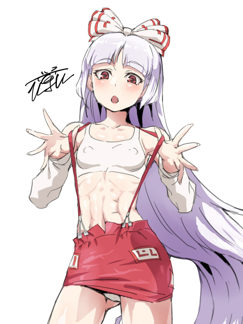 1girl :o abs adapted_costume bangs blunt_bangs blush bow breasts collarbone commentary_request covered_nipples cowboy_shot eyebrows_visible_through_hair fingernails fujiwara_no_mokou hair_bow highres long_hair long_sleeves microskirt miniskirt muscular muscular_female navel ofuda ofuda_on_clothes open_mouth panties shiny shiny_hair shiny_skin signature sitting skirt small_breasts solo stomach suspender_skirt suspenders suspenders_pull thighs toned touhou two-tone_bow uguisu_(happy_turn) underwear white_hair white_panties