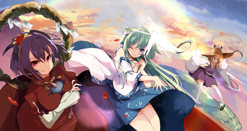 3girls ;) autumn_leaves bangs bare_shoulders blonde_hair blue_skirt breasts brown_hairband brown_headwear brown_skirt closed_mouth collar collared_shirt crossed_arms detached_sleeves dress eyebrows_visible_through_hair eyelashes frog_hair_ornament from_behind full_body gohei green_hair hair_between_eyes hair_ornament hair_tubes hairband hand_up hat highres holding holding_stick jewelry kochiya_sanae large_breasts leaf leaf_hair_ornament long_skirt long_sleeves looking_at_viewer looking_back looking_to_the_side medium_breasts medium_hair mishaguji moriya_suwako multiple_girls nontraditional_miko one_eye_closed purple_dress purple_hair purple_skirt pyonta red_eyes red_shirt red_skirt ring rope shimenawa shiny shiny_hair shirt short_hair skirt sleeveless sleeveless_shirt smile snake_hair_ornament standing stick tetsurou_(fe+) touhou touhou_calamity upper_body wavy_hair white_shirt wide_sleeves yasaka_kanako yellow_eyes