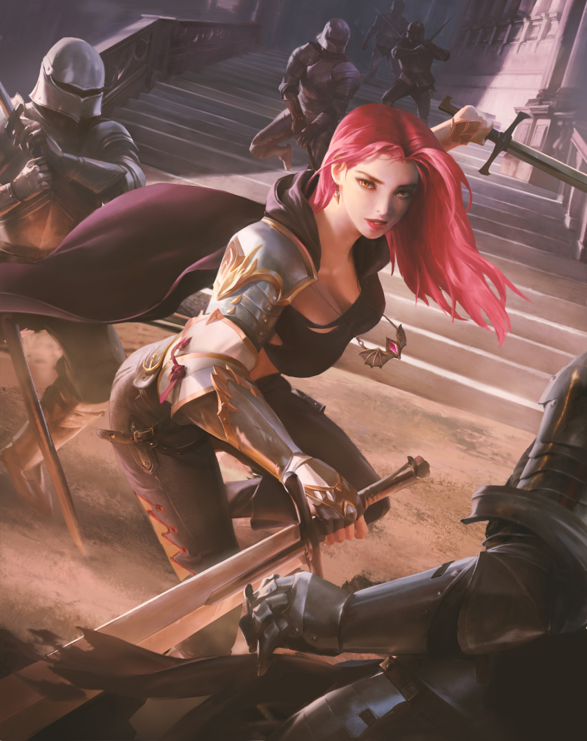 1girl 5others absurdres armor battle breasts brown_pants butter_squid cape dual_wielding gauntlets highres holding holding_weapon jewelry knight large_breasts leather leather_pants long_hair looking_at_viewer medieval multiple_others necklace nose orange_eyes original outdoors pants parted_lips pauldrons pendant redhead shoulder_armor stairs sword vambraces weapon