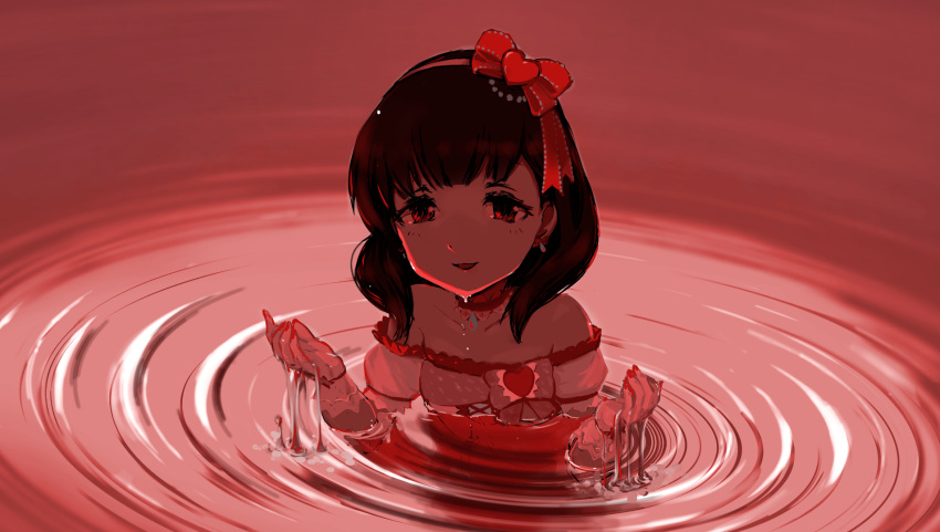 1girl bare_shoulders black_hair bow choker dress hair_bow heart highres idolmaster idolmaster_cinderella_girls idolmaster_cinderella_girls_starlight_stage looking_at_viewer negy open_mouth red_background red_bow red_theme ripples sakuma_mayu solo upper_body wading water wet