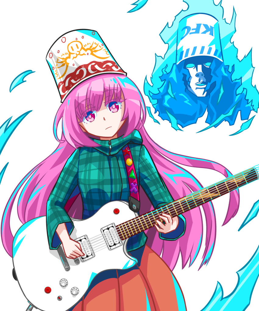 1boy 1girl adapted_costume bangs blue_hoodie bubble_skirt bucket bucket_of_chicken bucket_on_head closed_mouth cowboy_shot electric_guitar expressionless eyebrows_visible_through_hair eyelashes gibson_les_paul guitar hata_no_kokoro highres holding holding_instrument hood hoodie instrument kfc long_hair long_sleeves looking_at_viewer music object_on_head okema orange_skirt pink_eyes pink_hair plaid plaid_hoodie playing_instrument skirt touhou very_long_hair zipper_pull_tab