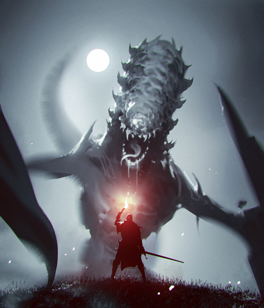 arm_at_side arm_up commentary dragon english_commentary facing_away from_behind grass greyscale helm helmet highres holding holding_sword holding_torch holding_weapon kalmahul long_tongue monochrome moon open_mouth original sharp_teeth sword tail teeth tongue torch weapon wings wyvern