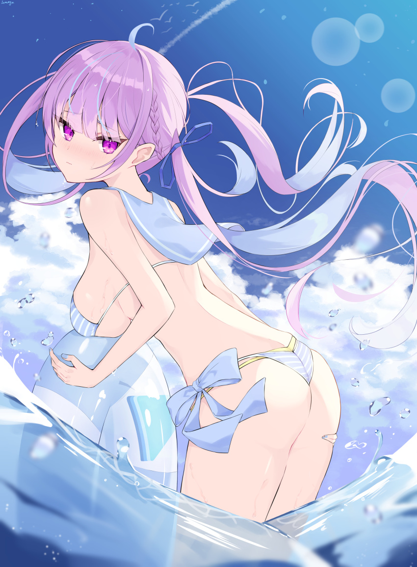 1girl absurdres ahoge ass bangs bikini blue_bikini blue_bow blue_hair blue_nails blue_ribbon blue_sailor_collar blue_sky bow braid breasts closed_mouth clouds commentary_request day eyebrows_visible_through_hair floating_hair from_side hair_ribbon highres holding holding_innertube hololive innertube leaning_forward legs_together long_hair looking_at_viewer looking_to_the_side medium_breasts minato_aqua multicolored_hair nail_polish outdoors purple_hair ribbon sailor_bikini sailor_collar single_braid sky solo somnya standing striped striped_bikini swimsuit tsurime twintails two-tone_hair very_long_hair violet_eyes virtual_youtuber wading water water_drop