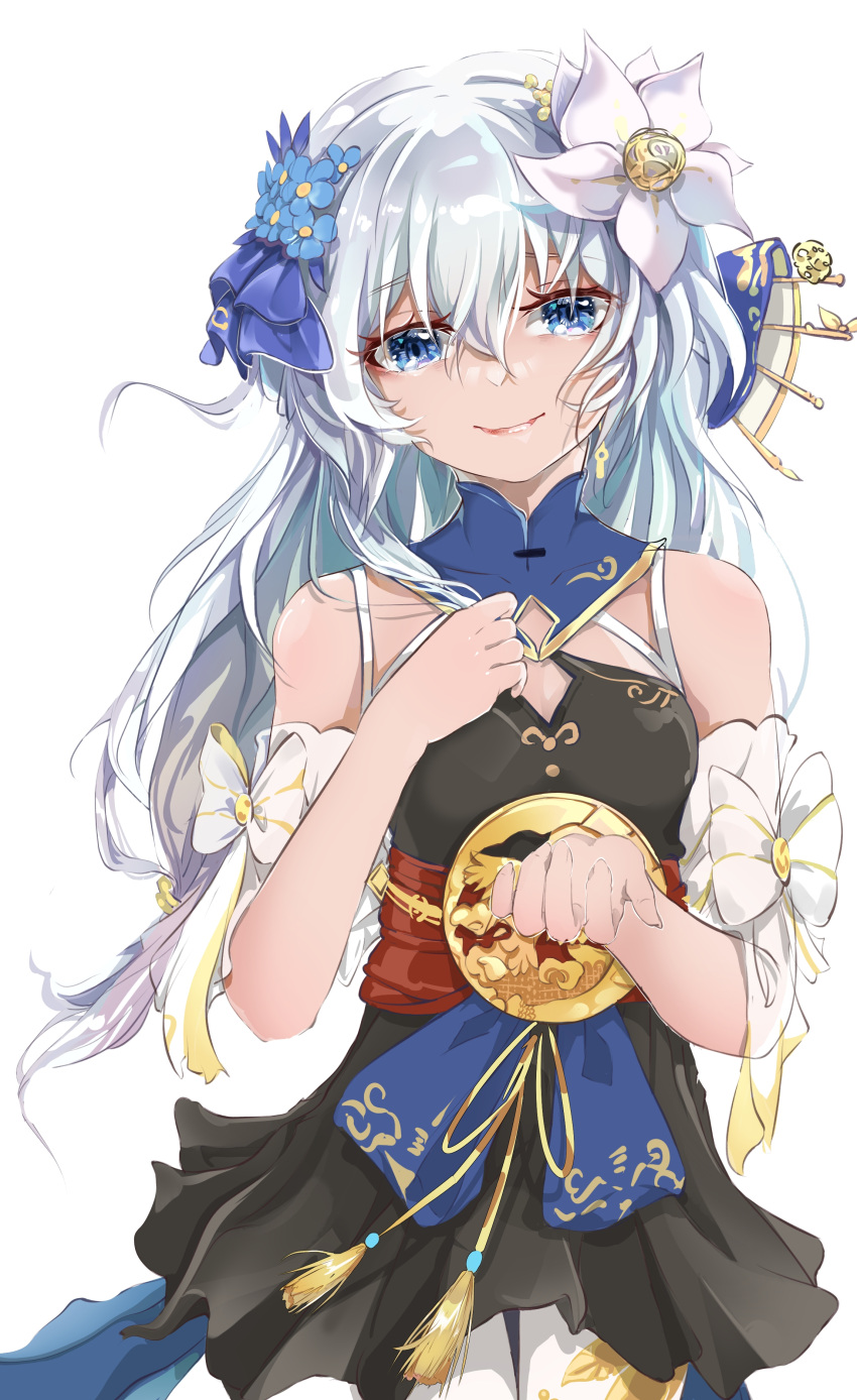 1girl absurdres bare_shoulders blue_eyes blue_flower chinese_clothes closed_mouth earrings feigongshishou flower hair_between_eyes hair_flower hair_ornament highres honkai_(series) honkai_impact_3rd jewelry long_hair looking_at_viewer simple_background smile solo theresa_apocalypse theresa_apocalypse_(starlit_astrologos) white_background white_flower white_hair white_legwear zhuge_kongming_(honkai_impact)