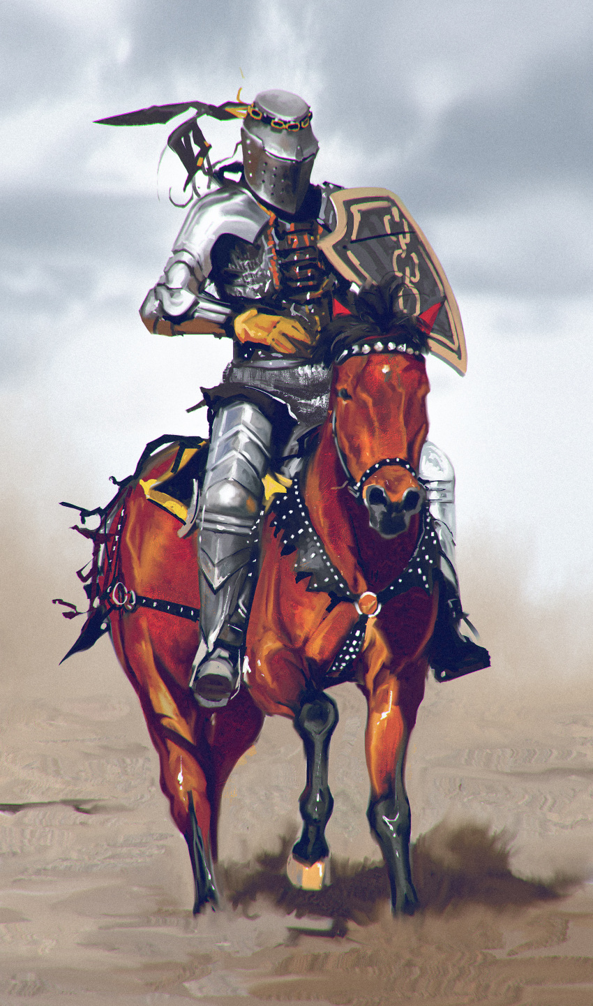 1other absurdres ambiguous_gender animal armor armored_boots boots clouds cloudy_sky commentary english_commentary facing_viewer full_armor gloves grey_background helm helmet highres holding holding_shield horse knight orange_gloves original outdoors riding sand shield shoulder_armor sky