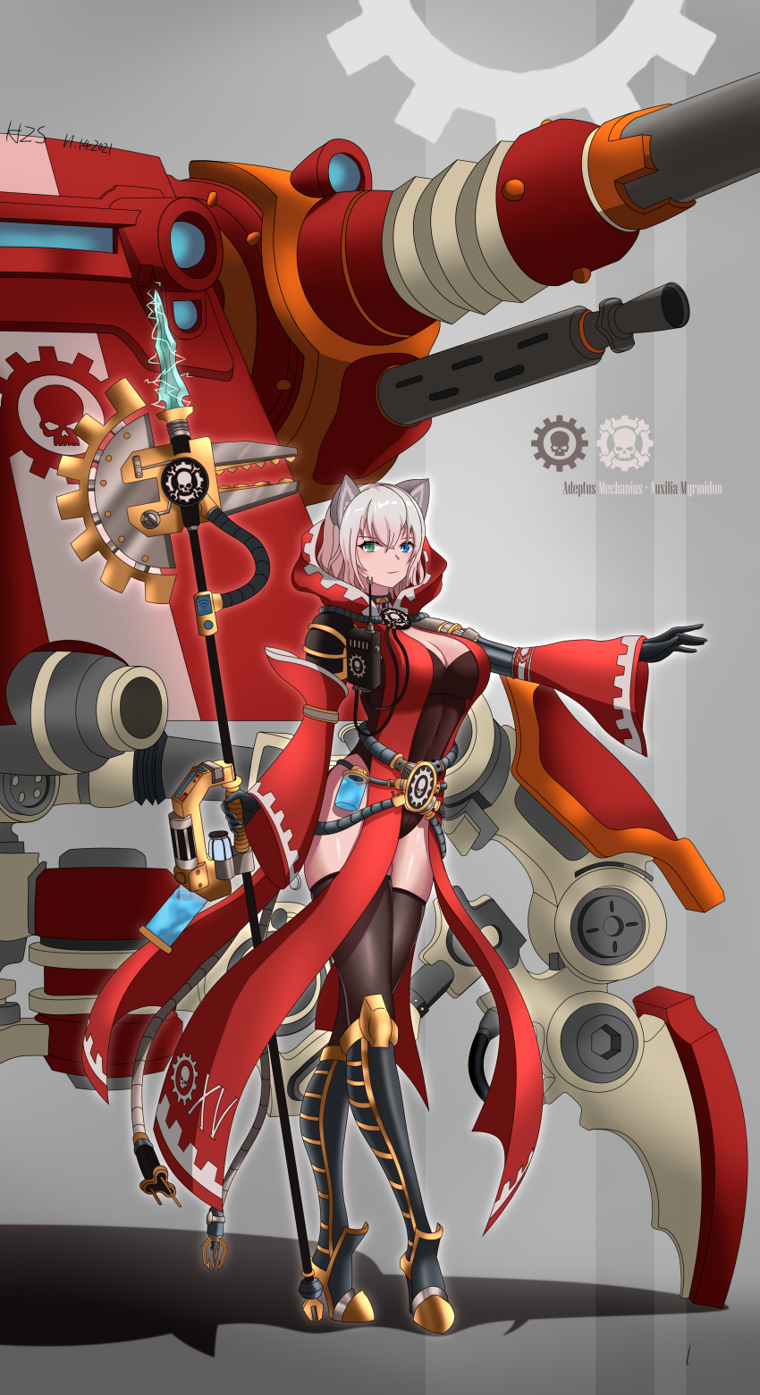 1girl absurdres adeptus_mechanicus animal_ears artificial_eye blue_eyes boots breasts cat_ears dated detached_sleeves english_commentary full_body green_eyes grey_background grey_hair ground_vehicle halberd heterochromia high_heel_boots high_heels highleg highleg_leotard highres hood hood_down knee_boots large_breasts leotard looking_at_viewer mechanical_eye military military_vehicle motor_vehicle polearm prosthesis prosthetic_arm regia-marina signature smile tank techpriest thigh-highs vial warhammer_40k weapon wide_sleeves