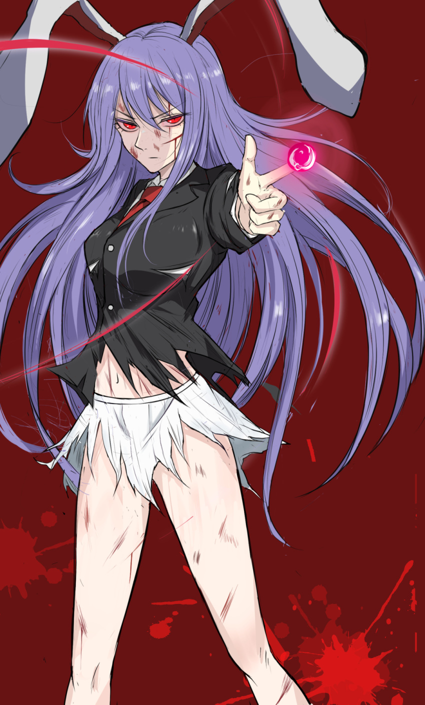 1girl :| animal_ears bangs blazer blood blood_splatter breasts buttons closed_mouth collarbone collared_shirt commentary_request expressionless finger_gun glowing glowing_eyes highres injury jacket knees light_purple_hair long_hair long_sleeves looking_at_viewer medium_breasts navel necktie rabbit_ears red_background red_eyes red_necktie red_neckwear reisen_udongein_inaba scratches shiny shiny_hair shirt simple_background skirt solo soregashi_(nobuyoshi-numa2) standing stomach suit_jacket thighs torn_clothes torn_shirt torn_skirt torn_sleeves touhou white_shirt white_skirt wing_collar
