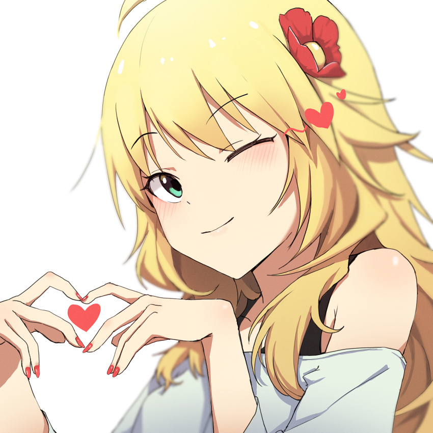 1girl ;) ahoge bangs blonde_hair blurry collarbone commentary depth_of_field eyebrows_visible_through_hair flower gnns green_eyes hair_between_eyes hair_flower hair_ornament heart heart_hands highres hoshii_miki idolmaster long_hair long_sleeves looking_at_viewer off_shoulder one_eye_closed shirt sidelocks simple_background smile solo white_background white_shirt