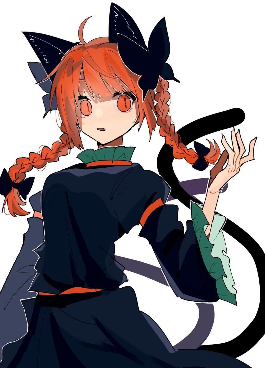 1girl :o absurdres ahoge animal_ears arm_up bangs black_bow black_ribbon bow braid breasts cat_ears cat_tail commentary dress extra_ears green_dress hand_up highres juliet_sleeves kaenbyou_rin long_hair long_sleeves looking_at_viewer medium_breasts multiple_tails nekomata open_mouth puffy_sleeves red_eyes redhead ribbon section_(prrx8584) simple_background slit_pupils solo standing tail touhou twin_braids two_tails white_background