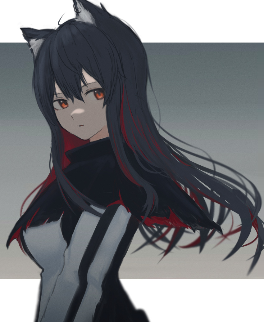 1girl absurdres animal_ear_fluff animal_ears arknights bangs black_capelet black_hair breasts capelet ear_piercing from_side gradient gradient_background grey_background highres jacket long_hair long_sleeves looking_at_viewer looking_to_the_side medium_breasts multicolored_hair orange_eyes outside_border parted_lips piercing redhead solo suzutaro texas_(arknights) two-tone_hair upper_body white_jacket wolf_ears