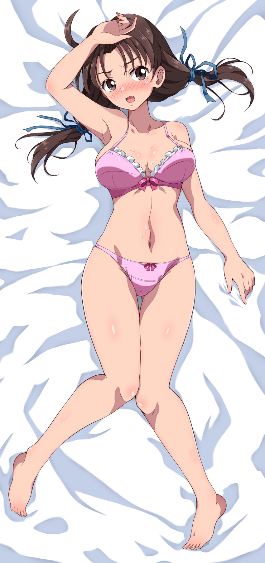 1girl absurdres ahoge arm_up armpits bare_arms bare_legs barefoot bed_sheet blush bow bra breasts breasts_apart brown_eyes brown_hair collarbone commentary_request commission dakimakura_(medium) eggman_(pixiv28975023) fang feet full_body hair_ribbon highres knees_together_feet_apart looking_at_viewer low_twintails lying medium_breasts navel on_back open_mouth original panties pink_bra pink_panties ribbon solo thighs tied_hair toes twintails underwear