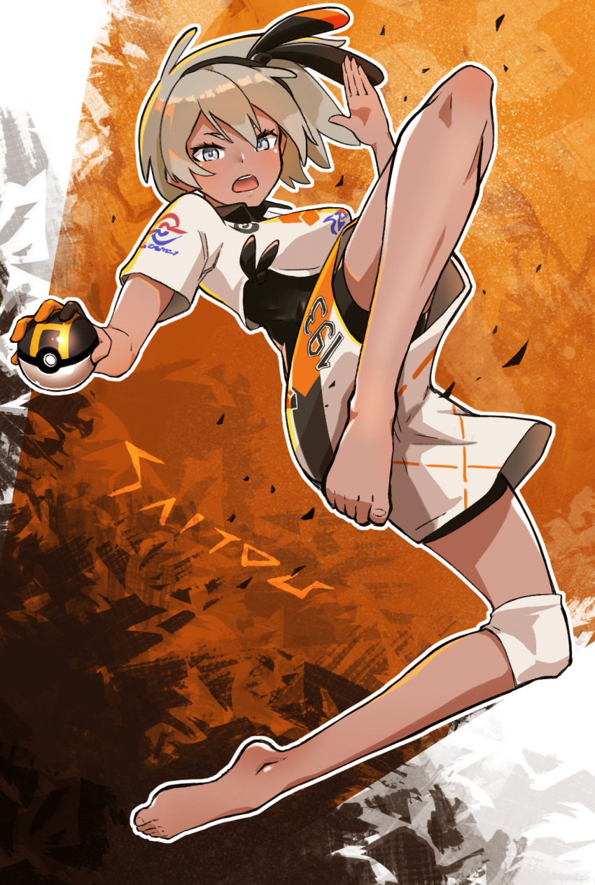 1girl bangs barefoot bea_(pokemon) black_bodysuit black_hairband blonde_hair bodysuit bodysuit_under_clothes bow_hairband chinese_commentary collared_shirt commentary_request eyelashes full_body gloves grey_eyes hairband highres holding holding_poke_ball joeychen knee_pads looking_at_viewer open_mouth partially_fingerless_gloves poke_ball pokemon pokemon_(game) pokemon_swsh print_shirt print_shorts shirt short_hair short_sleeves shorts single_glove single_knee_pad solo teeth toes tongue ultra_ball upper_teeth