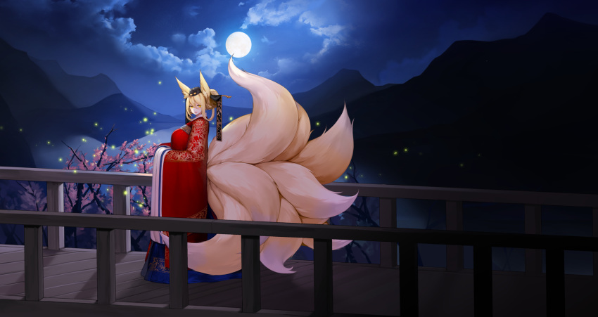 1girl animal_ear_fluff animal_ears blonde_hair blush bug cherry_blossoms clouds firefly fox_ears fox_girl fox_tail full_body full_moon hat highres hirume_of_heavenly_incense kitsune korean_clothes kumiho last_origin looking_at_viewer looking_to_the_side moon moonlight multiple_tails night night_sky official_art open_mouth outdoors petals sky smile snowball22 solo tail tree wide_sleeves yellow_eyes