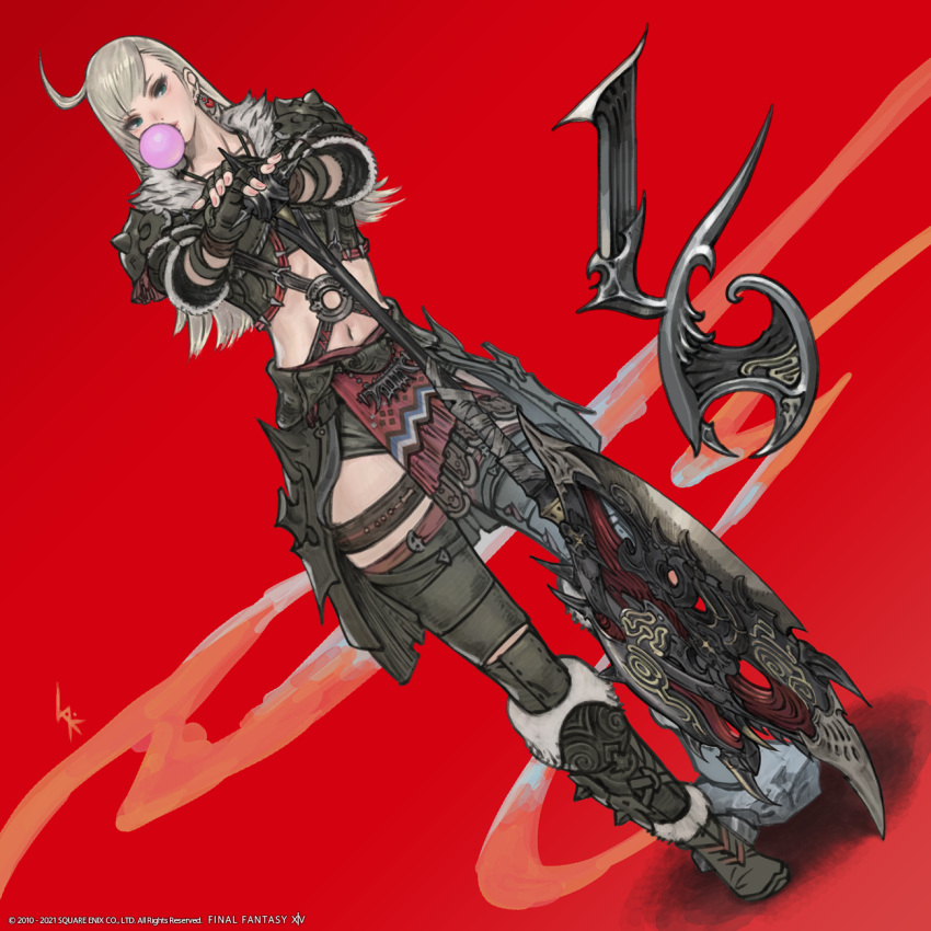 1girl ahoge armor avatar_(ffxiv) axe bangs blonde_hair boots bubble_blowing chewing_gum copyright final_fantasy final_fantasy_xiv fingerless_gloves full_body gloves green_eyes highres hyur long_hair midriff navel official_art planted planted_axe shoulder_armor solo standing stomach thigh_strap warrior_(final_fantasy) weapon