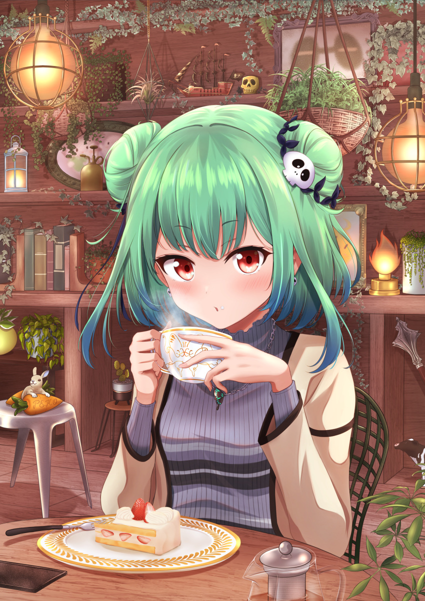 1girl absurdres alternate_costume beige_cardigan blowing_on_food blue_hair blue_ribbon blush butterfly_necklace cake cake_slice cardigan cup double_bun earrings eyebrows_visible_through_hair food gradient_hair green_hair hair_ribbon highres holding holding_cup hololive jewelry kaigan long_sleeves looking_at_viewer medium_hair mixed-language_commentary multicolored_hair necklace pov_across_table red_eyes ribbon sidelocks sitting skull_earrings solo teacup uruha_rushia virtual_youtuber