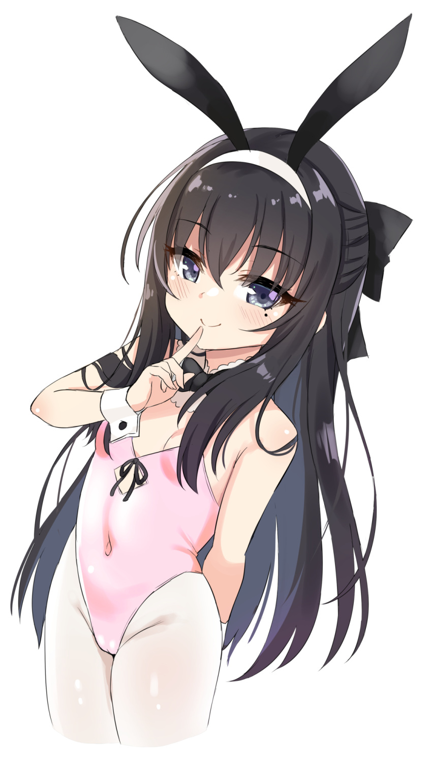 1girl animal_ears bangs bare_shoulders black_bow black_hair blush bow breasts closed_mouth covered_navel cropped_legs eyebrows_visible_through_hair fake_animal_ears finger_to_mouth grey_eyes groin hair_between_eyes hairband highres leotard long_hair looking_at_viewer mole mole_under_eye original pink_leotard rabbit_ears simple_background small_breasts smile solo strapless strapless_leotard unname very_long_hair white_background white_hairband white_legwear wrist_cuffs