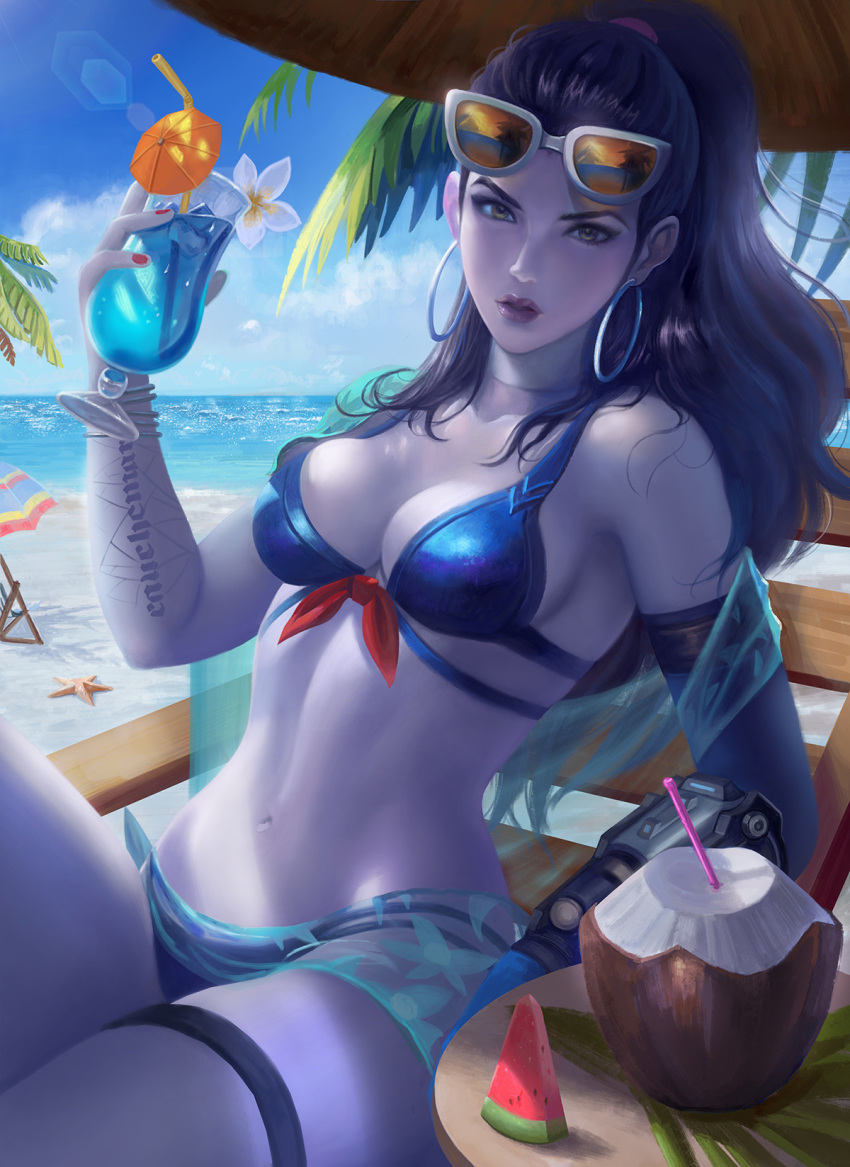 1girl beach beach_umbrella bikini blue_kimono blue_sky body_writing bracelet breasts chair cocktail_glass cocktail_umbrella coconut colored_skin cowboy_shot cup drink drinking_glass drinking_straw earrings elbow_gloves eyewear_on_head flower food frank_lee fruit gloves hand_up highres holding holding_cup hoop_earrings horizon hurricane_glass ice ice_cube japanese_clothes jewelry kimono knee_up leaning_back long_hair looking_at_viewer lounge_chair mechanical_arms medium_breasts multi-strapped_bikini navel outdoors overwatch palm_leaf palm_tree plumeria ponytail purple_hair purple_lips purple_skin red_nails sarong scar see-through shawl single_mechanical_arm sitting sky solo starfish sunglasses swimsuit table tattoo thigh_strap tree umbrella watermelon white_flower widowmaker_(overwatch) yellow_eyes