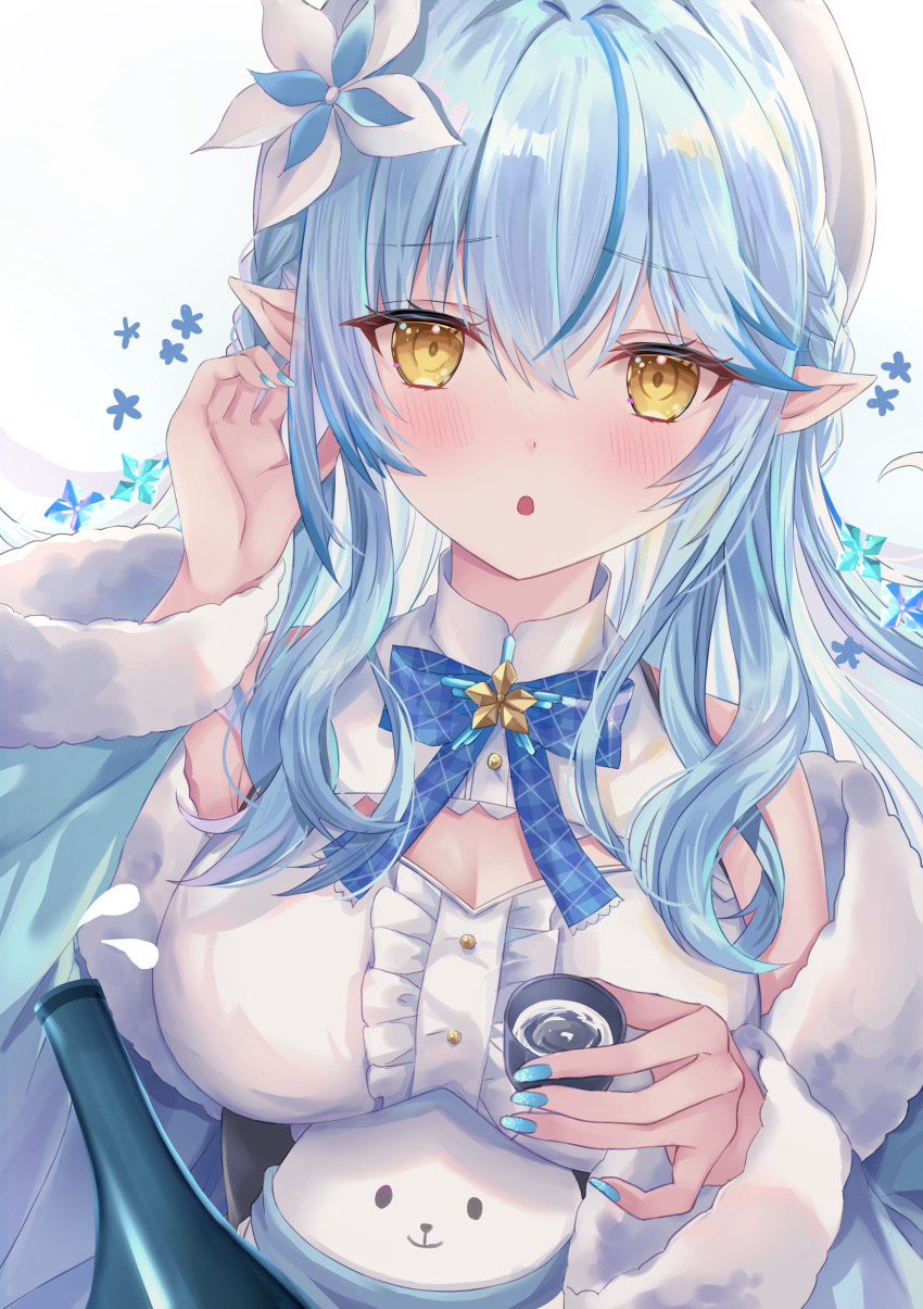 1girl absurdres bangs blue_bow blue_bowtie blue_coat blue_hair blue_nails blush bottle bow bowtie braid breasts center_frills choko_(cup) coat commentary_request cup daifuku_(yukihana_lamy) eyebrows_visible_through_hair flower frills fur-trimmed_coat fur_trim hair_between_eyes hair_flower hair_ornament hat highres holding holding_cup hololive kebaboishii large_breasts long_hair looking_at_viewer multicolored_hair nail_polish off_shoulder open_clothes open_coat parted_lips pointy_ears shirt sleeveless sleeveless_shirt solo streaked_hair upper_body virtual_youtuber white_flower white_headwear white_shirt yellow_eyes yukihana_lamy