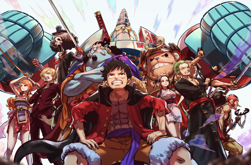 2girls 6+boys abs absurdres afro alternate_form animal_nose black_eyes black_hair blonde_hair blue_eyes blue_skin brook burn_scar cane_sword cape clenched_teeth closed_mouth coat colored_skin crossed_arms drill facial_hair fangs fangs_out fighting_stance fish_boy fisheye formal franky franky_shogun from_below fur_trim furry furry_male green_hair hair_over_one_eye hat height_difference highres holding holding_staff holding_sword holding_weapon japanese_clothes jimbei katana kimono leaning_forward long_hair long_nose looking_afar looking_to_the_side mecha monkey_d._luffy multiple_boys multiple_girls murasaki_no_ryuuki nami_(one_piece) nico_robin one_eye_closed one_piece open_clothes open_mouth open_shirt orange_eyes orange_hair roronoa_zoro scar scar_across_eye scar_on_cheek scar_on_face sheath short_hair shorts skeleton skull sleeveless sleeveless_kimono snout staff standing stomach straw_hat straw_hat_pirates sword teeth tony_tony_chopper top_hat undead unsheathed usopp very_long_hair weapon