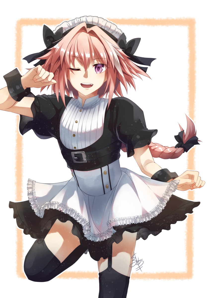 1boy 96aki-log absurdres astolfo_(fate) belt belt_buckle bow braid braided_ponytail buckle commentary_request cowboy_shot eyebrows_visible_through_hair fang fate/grand_order fate_(series) hair_between_eyes hair_bow highres long_hair looking_at_viewer maid maid_headdress one_eye_closed open_clothes otoko_no_ko pink_hair short_sleeves solo teeth thigh-highs tongue violet_eyes watermark wrist_cuffs