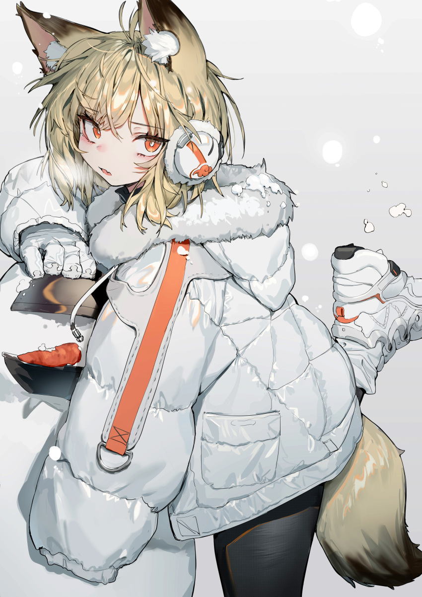 1girl absurdres animal_ears ankle_boots arknights bangs black_pants blush boots breath bright_pupils carrot coat earmuffs eyebrows_visible_through_hair fang fox_ears fox_girl fox_tail from_side fur-trimmed_hood fur_trim gloves grey_background highres hood hood_down implied_extra_ears kentllaall leg_up long_sleeves looking_at_viewer looking_to_the_side open_clothes open_coat open_mouth orange_eyes pants puffy_long_sleeves puffy_sleeves short_hair simple_background skin_fang snow snowman solo standing standing_on_one_leg tail thigh-highs vermeil_(arknights) white_footwear white_gloves winter_clothes winter_coat yoga_pants