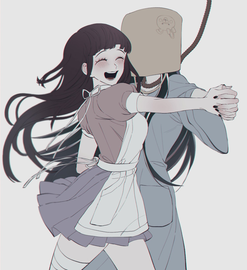 2girls :d apron bangs black_hair black_nails blue_skirt blush bong_(0u0bon) closed_mouth cowboy_shot dancing danganronpa_(series) danganronpa_2:_goodbye_despair grey_background highres long_hair mioda_ibuki mole mole_under_eye monomi_(danganronpa) multicolored_hair multiple_girls nail_polish official_alternate_costume pink_hair pink_shirt pleated_skirt puffy_short_sleeves puffy_sleeves rope shirt short_sleeves simple_background skirt smile spoilers teeth tsumiki_mikan white_hair