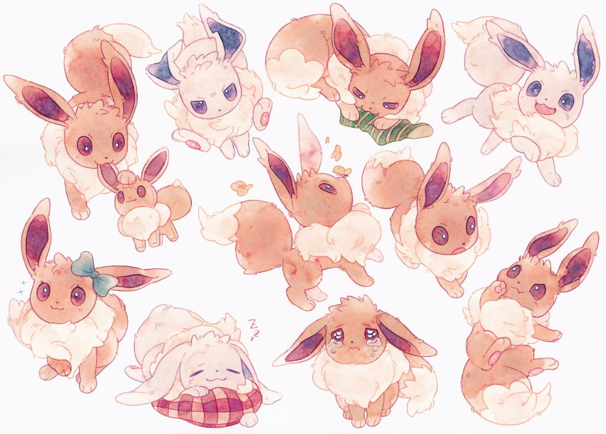 alternate_color brown_eyes chewing closed_eyes closed_mouth commentary_request crying cushion eevee highres no_humans oharu-chan painting_(medium) pokemon pokemon_(creature) shiny_pokemon sleeping smile socks_removed tears toes traditional_media watercolor_(medium) white_background zzz