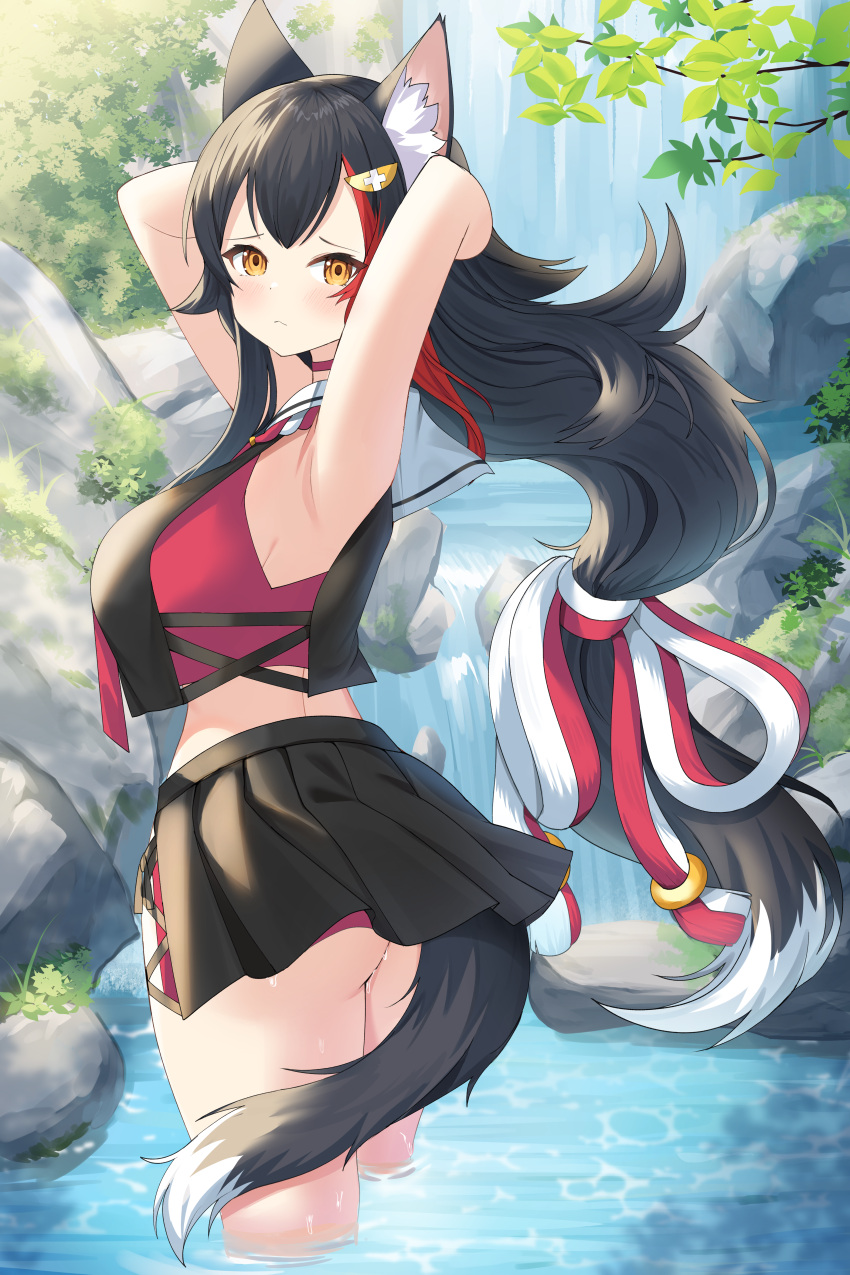 1girl absurdres animal_ears black_hair commentary_request highres hololive long_hair multicolored_hair neko_lu_(wofud453) ookami_mio redhead solo standing streaked_hair tail very_long_hair virtual_youtuber wading white_hair wolf_ears wolf_girl wolf_tail