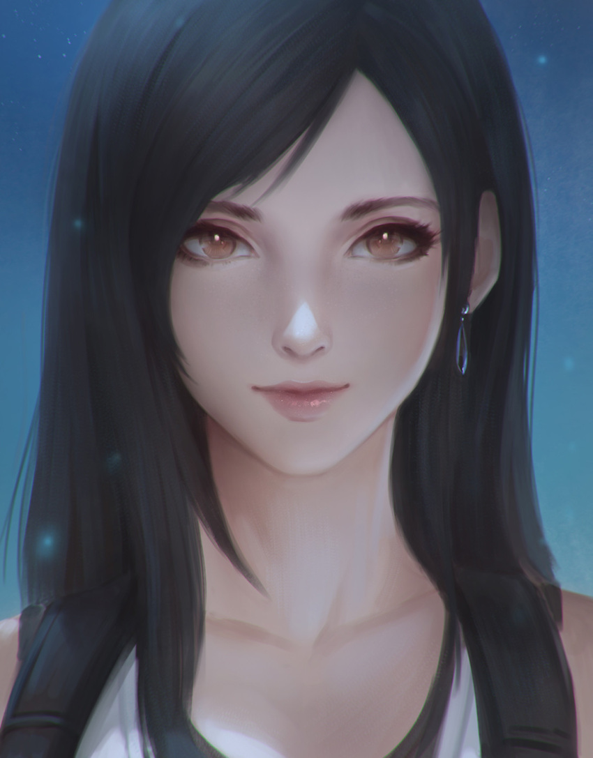 1girl blue_background brown_eyes chaosringen closed_mouth earrings eyelashes final_fantasy final_fantasy_vii final_fantasy_vii_remake highres jewelry light_particles long_hair looking_at_viewer portrait simple_background smile solo tifa_lockhart