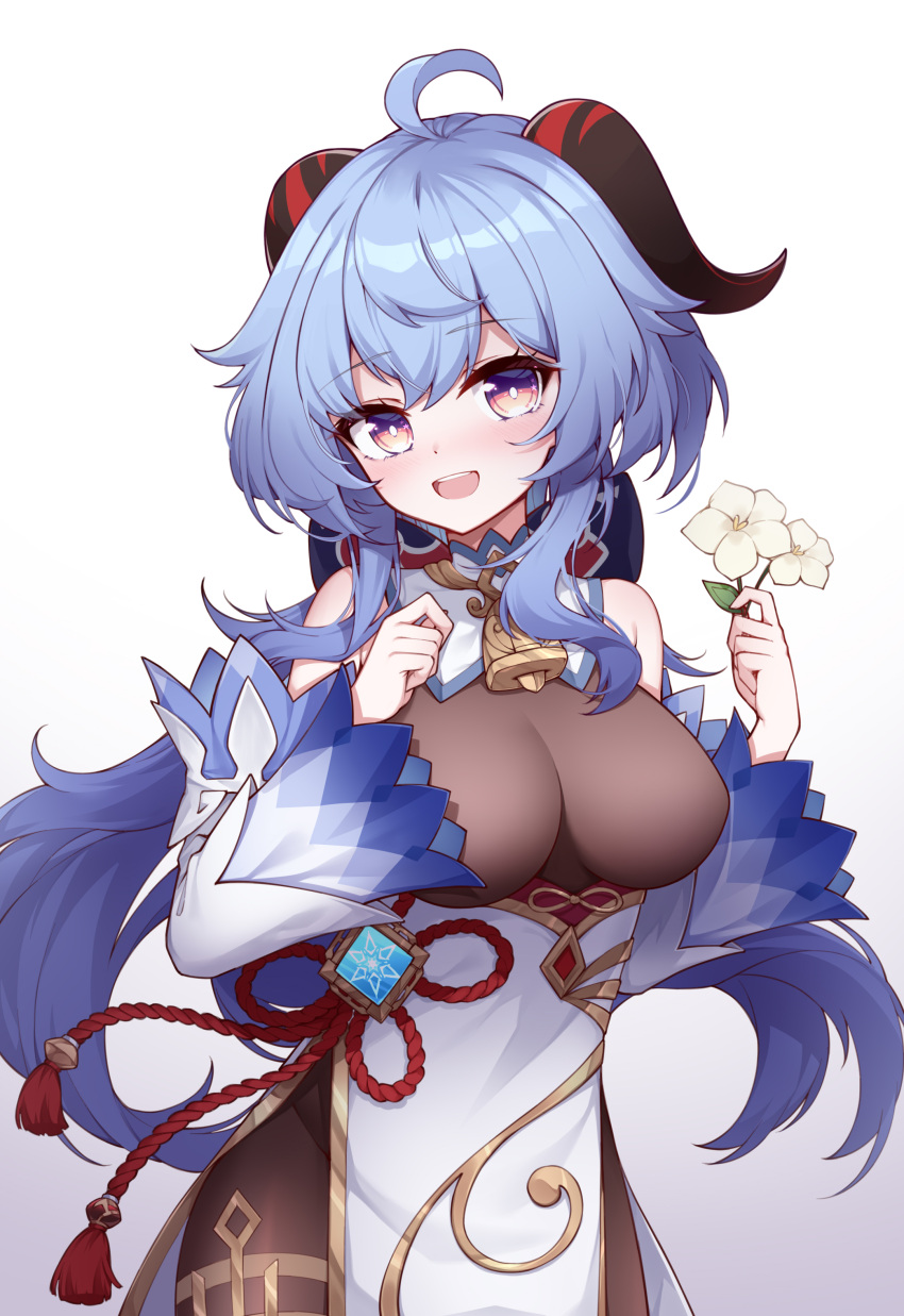 absurdres ahoge bangs bare_shoulders bell blue_hair blush bow bowtie breasts chinese_knot curled_horns detached_sleeves eyebrows_visible_through_hair flower flower_knot ganyu_(genshin_impact) genshin_impact gold_trim highres holding holding_flower horns large_breasts long_hair multicolored_eyes neck_bell no_gloves poinia qingxin_flower sidelocks smile solo tassel thighlet vision_(genshin_impact) white_background white_flower white_sleeves