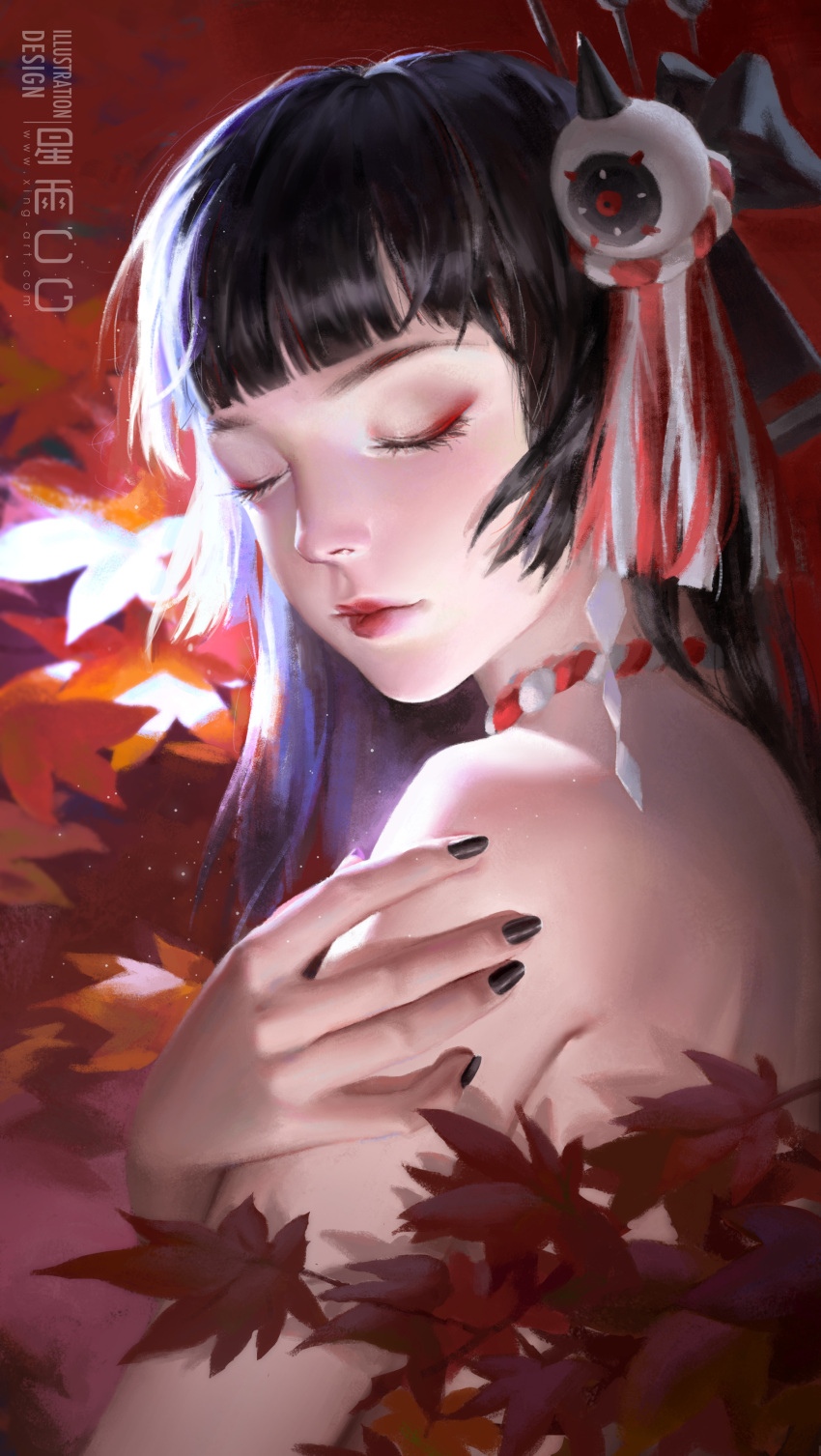 1girl absurdres bangs black_hair black_nails blunt_bangs character_request closed_eyes closed_mouth dorothyshan eyeliner from_side hair_ornament hand_on_own_arm highres hime_cut leaf light_particles long_hair makeup maple_leaf nude onmyoji orb red_lips red_theme self_hug shide sidelocks solo straight_hair tassel tassel_hair_ornament upper_body