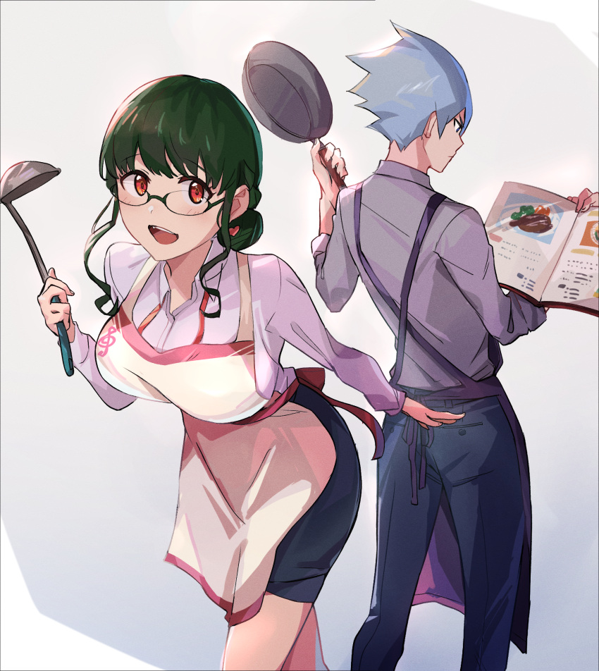 1boy 1girl :d anosillus_ii anti_(ssss.gridman) apron blue_eyes blue_pants book breasts commentary_request dark_green_hair earrings frying_pan grey_shirt gridman_universe hair_bun heart heart_earrings highres holding holding_book holding_frying_pan holding_ladle jewelry ladle large_breasts leaning_forward looking_at_viewer musical_note musical_note_print pants pink_apron purple_apron red_eyes sakamoto_(ojiojiojisanda) shirt short_hair sidelocks silver_hair smile spiky_hair ssss.dynazenon white_shirt