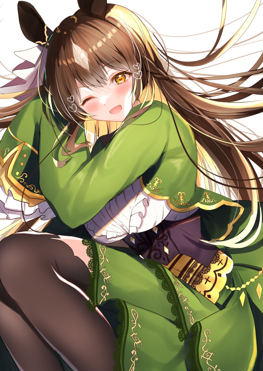 1girl ;d absurdres arm_up bangs black_legwear breasts brown_eyes brown_hair commentary_request eyebrows_visible_through_hair feet_out_of_frame frilled_shirt frills green_jacket green_skirt heart highres horns jacket large_breasts layered_skirt long_hair looking_at_viewer multicolored_hair nenobi_(nenorium) one_eye_closed satono_diamond_(umamusume) shirt skirt smile solo thigh-highs two-tone_hair umamusume very_long_hair white_shirt