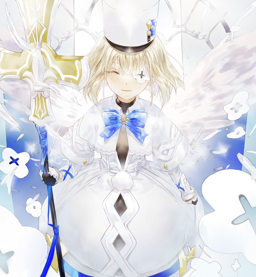 1girl absurdres angel_wings azur_lane bangs blonde_hair blue_ribbon capelet closed_eyes closed_mouth commentary_request cross dress earrings eyepatch feathered_wings gauntlets hat highres holding holding_staff jewelry le_terrible_(azur_lane) neck_ribbon ribbon shako_cap short_hair smile solo staff standing tanxing_jiu white_dress white_headwear wings