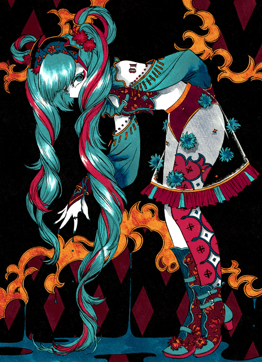 1girl abstract_background alternate_costume aqua_eyes aqua_hair arm_tattoo asymmetrical_clothes asymmetrical_footwear asymmetrical_hair asymmetrical_legwear black_background boots colored_eyelashes commentary_request diamond_(shape) eyeliner from_side hairband hatsune_miku highres jewelry leaning_forward long_hair looking_at_viewer makeup midriff multicolored_hair nail_polish northeast_mountain off_shoulder partial_commentary pom_pom_(clothes) ring see-through see-through_skirt single_thighhigh skirt solo tattoo thigh-highs twintails two-tone_hair very_long_hair vocaloid