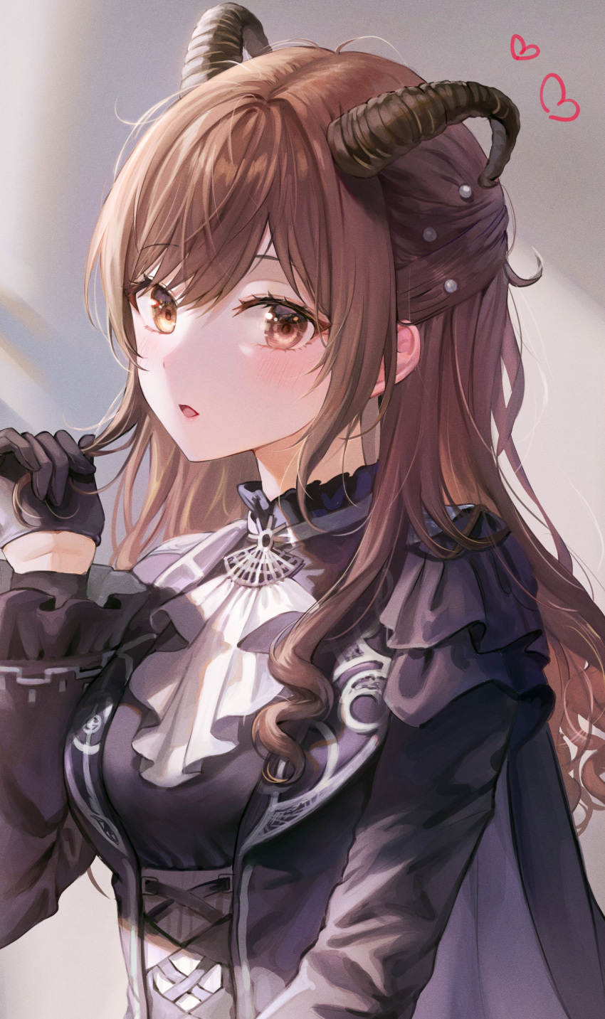 1girl absurdres bangs black_dress black_gloves blush breasts brown_eyes brown_hair copyright_request corset curled_horns dress eyebrows_visible_through_hair gloves hand_up heart highres holding holding_hair horns long_hair long_sleeves looking_at_viewer medium_breasts open_mouth sidelocks solo tokkyu