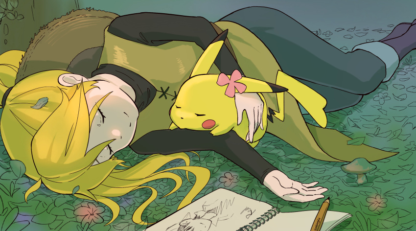 1girl bangs black_shirt blonde_hair boots chinese_commentary closed_eyes closed_mouth commentary_request eyelashes hat hat_removed headwear_removed highres joeychen long_hair long_sleeves lying on_side pants pencil pikachu pokemon pokemon_(creature) pokemon_adventures shirt sketchbook sleeping smile split_mouth yellow_(pokemon)