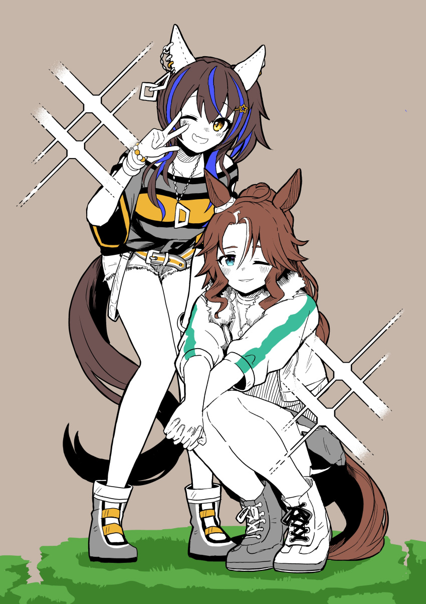 2girls absurdres animal_ears bangs bead_bracelet beads blue_hair boots bracelet brown_background brown_hair colored_skin commentary cropped_jacket cross-laced_footwear daitaku_helios_(umamusume) ear_piercing fang full_body fur-trimmed_jacket fur_trim green_eyes hair_ornament hairclip high_contrast highres horse_ears horse_girl horse_tail jacket jewelry lace-up_boots leaning_forward long_hair mejiro_palmer_(umamusume) multicolored_hair multiple_girls necklace one_eye_closed open_mouth own_hands_clasped own_hands_together parted_bangs petoka piercing ponytail shirt simple_background skin_fang smile sparkle squatting standing streaked_hair striped striped_shirt tail umamusume v_over_eye white_skin yellow_eyes