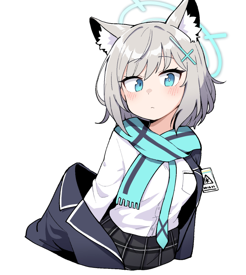 1girl animal_ear_fluff animal_ears bangs blue_archive blue_eyes blue_jacket blue_neckwear blue_scarf blush breasts cat_ears commentary_request cross_hair_ornament eyebrows_visible_through_hair grey_hair hair_ornament halo highres id_card jacket jacket_partially_removed junsuina_fujunbutsu long_sleeves looking_at_viewer medium_hair necktie open_clothes open_jacket pleated_skirt scarf school_uniform shiroko_(blue_archive) shirt simple_background skirt solo upper_body white_background white_shirt