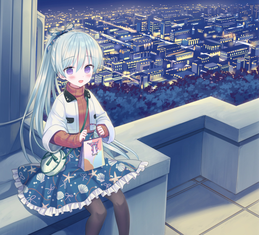 1girl :d bangs black_legwear blue_ribbon blue_skirt blush brown_sweater building cityscape commentary_request eyebrows_visible_through_hair feet_out_of_frame frilled_skirt frills hair_between_eyes hair_ribbon highres jacket long_hair looking_at_viewer night open_clothes open_jacket original outdoors pantyhose ponytail print_skirt ribbed_sweater ribbon rooftop seashell_print silver_hair sitting skirt smile solo starfish_print sweater turtleneck turtleneck_sweater very_long_hair violet_eyes white_jacket yuuki_rika