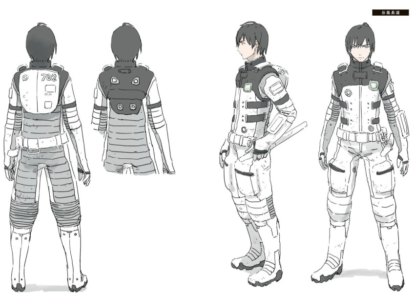 1boy backpack bag black_hair bodysuit nihei_tsutomu official_alternate_costume official_art pilot_suit redesign safety_belt sidonia_no_kishi spacesuit sword tanikaze_nagate weapon