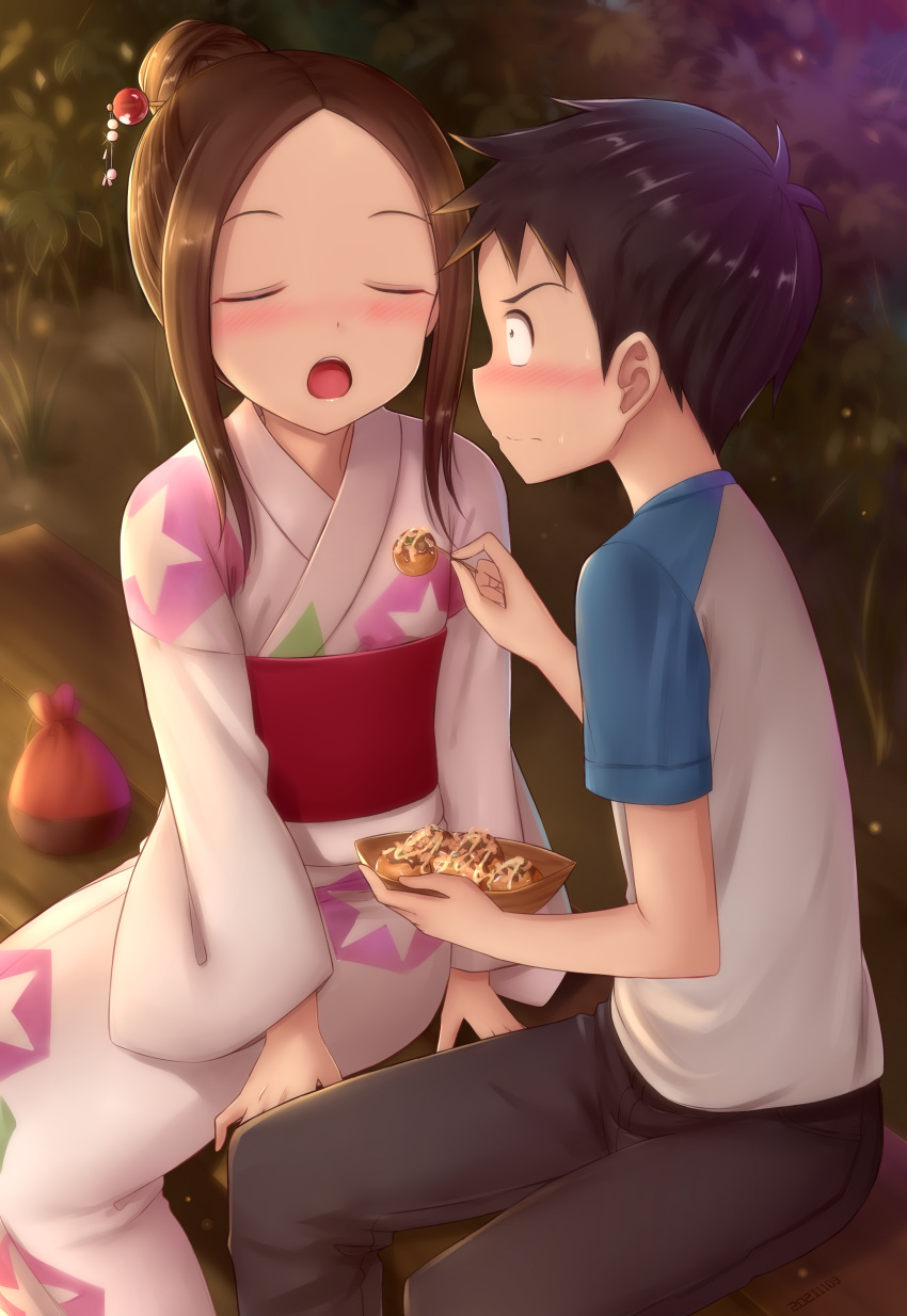 1boy 1girl absurdres bangs black_hair black_pants blue_sleeves blush brown_hair closed_eyes closed_mouth commentary constricted_pupils dated_commentary embarrassed feeding food forehead hair_bun hair_ornament hairpin highres holding holding_food japanese_clothes karakai_jouzu_no_takagi-san kimono kinchaku long_hair long_sleeves looking_at_another nishikata obi open_mouth outdoors pants pouch red_sash sash shirt short_hair short_sleeves sidelocks sitting skywalker0610 summer_festival takagi-san takoyaki teeth upper_teeth white_shirt yukata