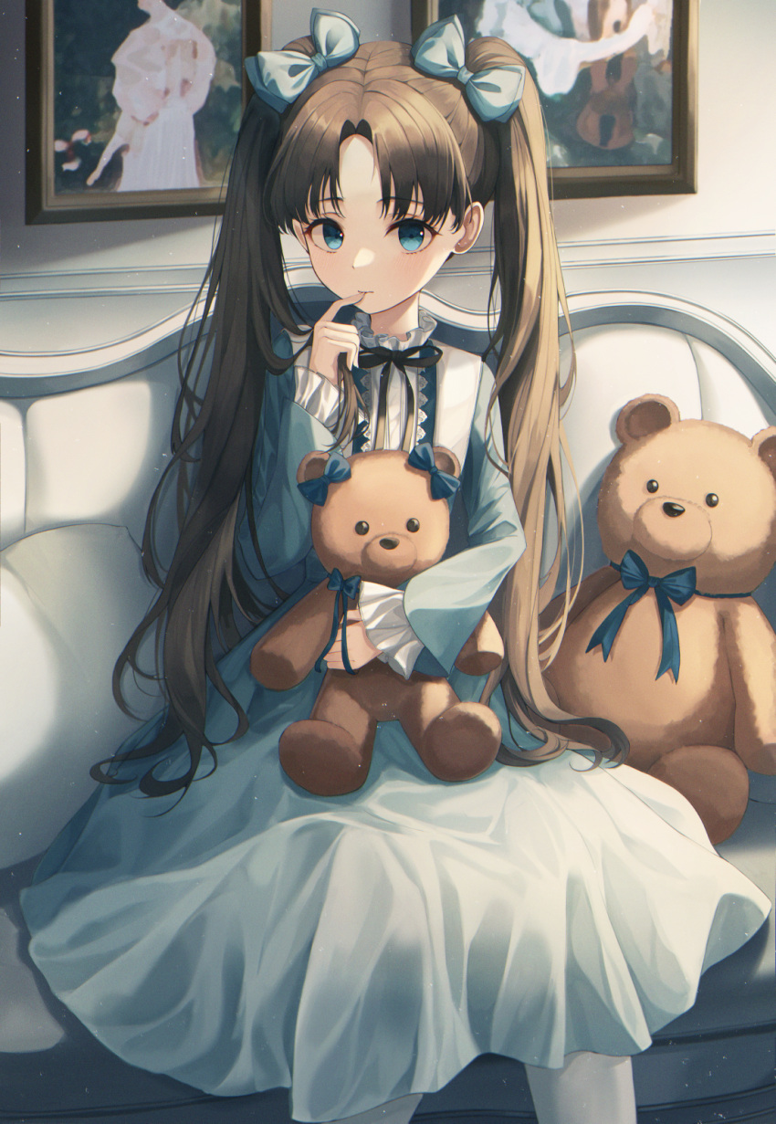 1girl bangs black_ribbon blue_bow blue_dress blue_eyes blue_ribbon blush bow brown_hair center_frills closed_mouth commentary couch dress feet_out_of_frame finger_to_mouth flat_chest frilled_sleeves frills hair_bow hair_ornament hand_up highres holding holding_stuffed_toy indoors kneehighs long_hair long_sleeves looking_at_viewer mela_(rbw1s) neck_ribbon original parted_bangs picture_frame ribbon sitting solo stuffed_animal stuffed_toy teddy_bear twintails white_legwear